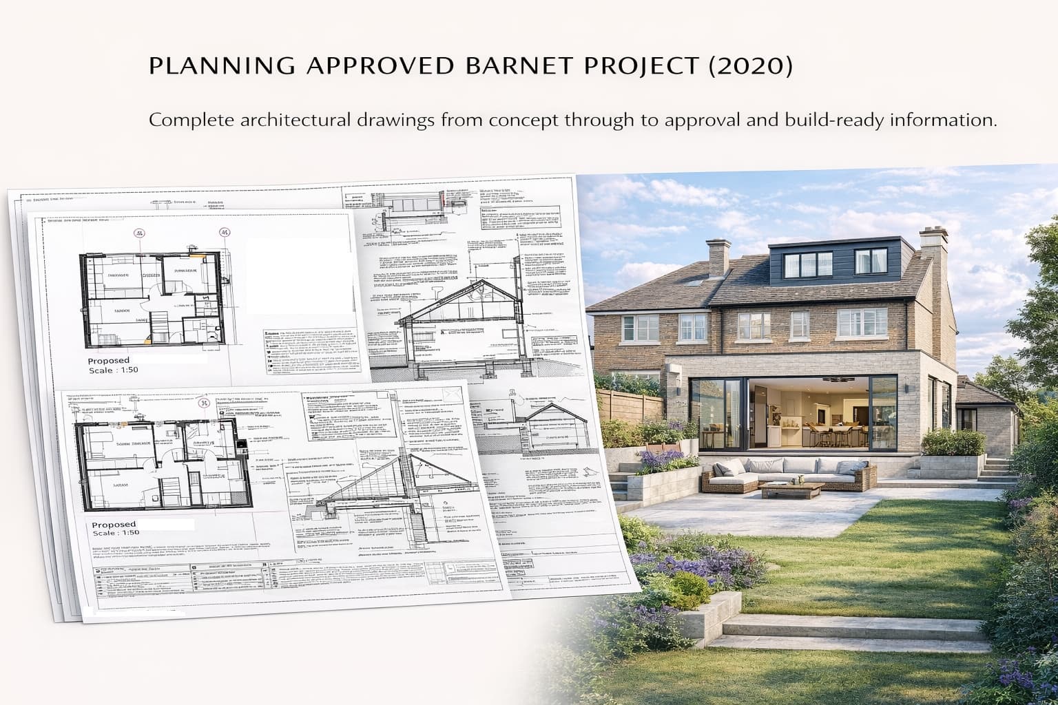 Planning drawings for approved Barnet project including plans elevations and sections