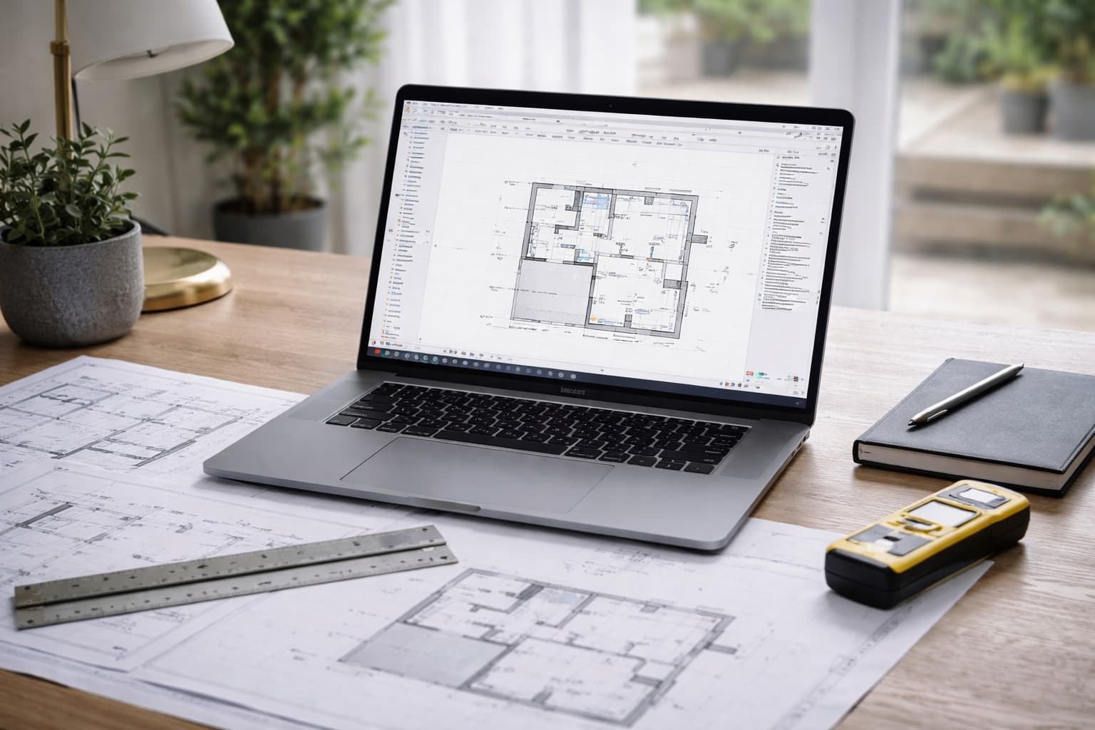 Architect working in Archicad with drawings and plans on desk