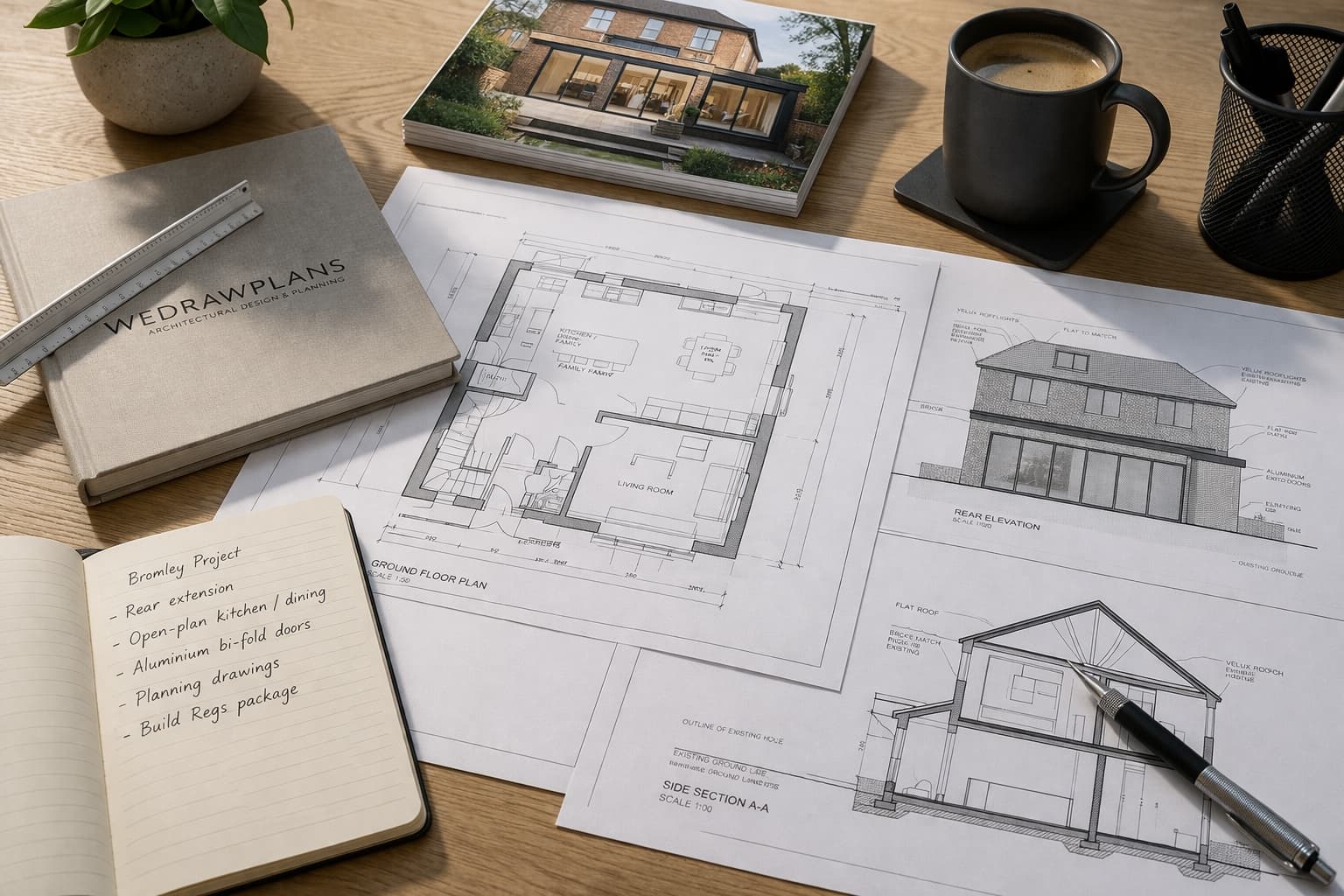 Architectural drawings laid out neatly for a Bromley project