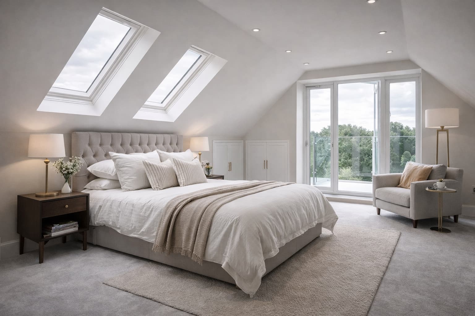 Loft conversion bedroom with rooflights and modern interior finish