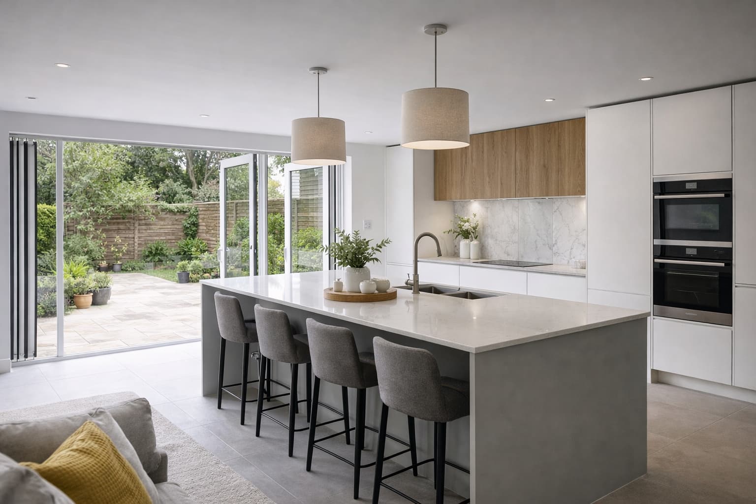 Modern rear extension kitchen with open plan layout and garden access