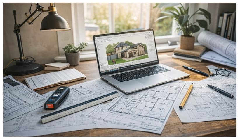 Architectural drawings and planning design workspace