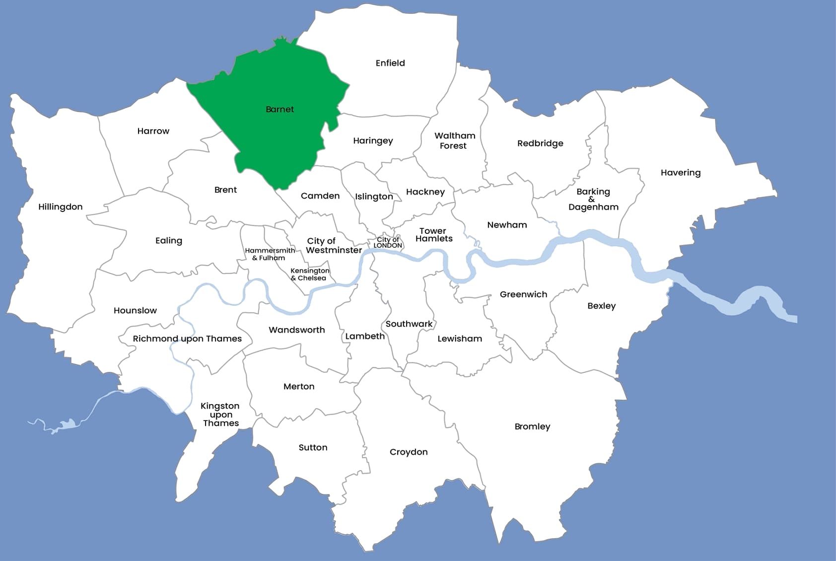 Barnet area map covering Finchley Hendon Mill Hill Whetstone High Barnet and surrounding areas