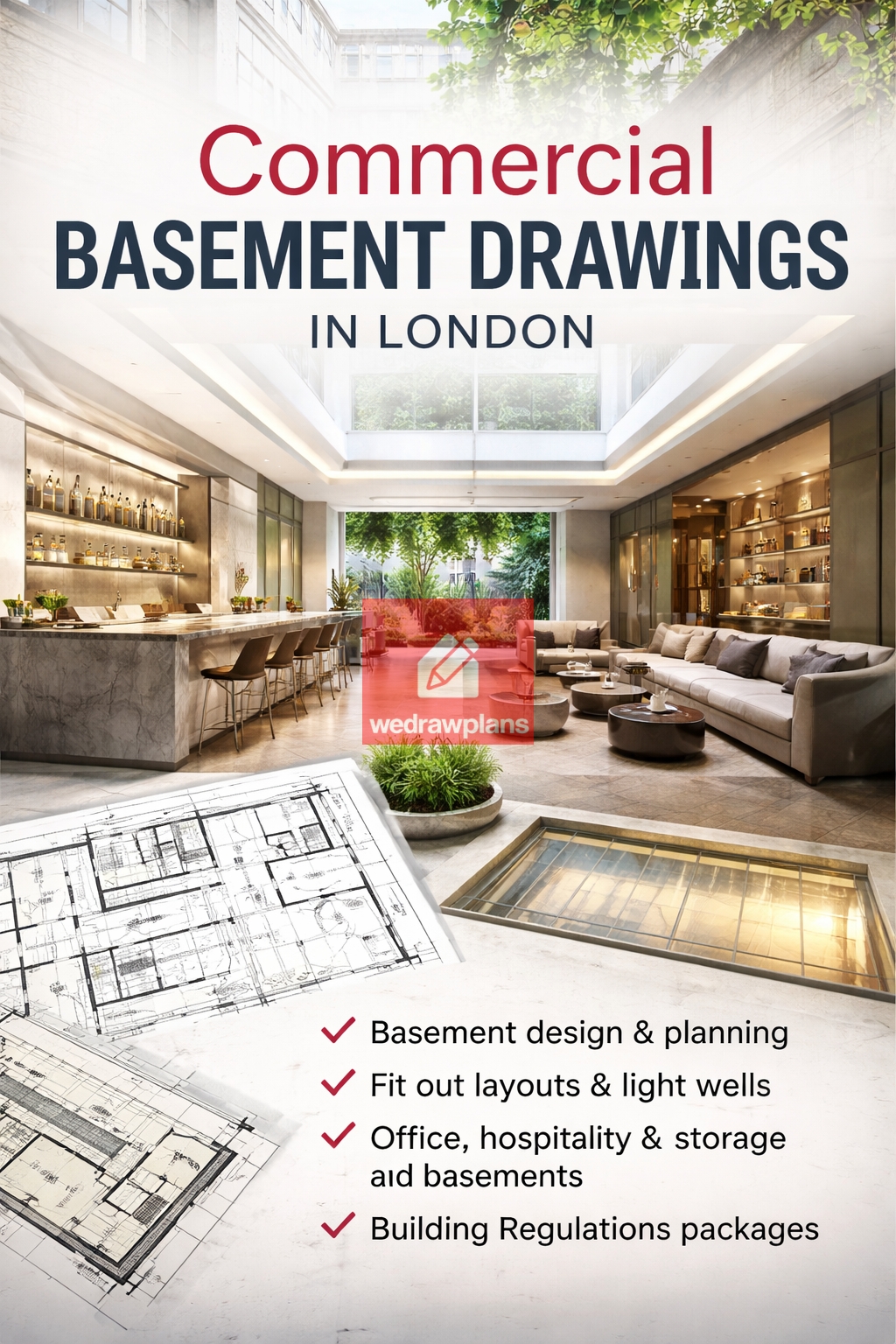 Commercial basement architectural drawings with detailed technical plans and realistic basement interior visual