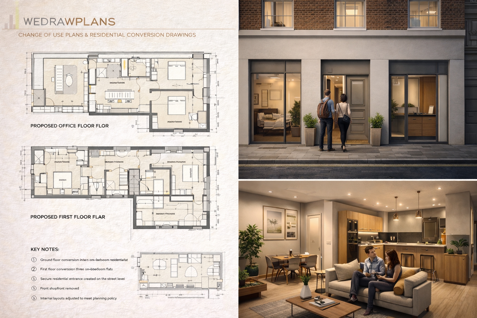 Change of use architectural drawings with technical plans and realistic conversion visual
