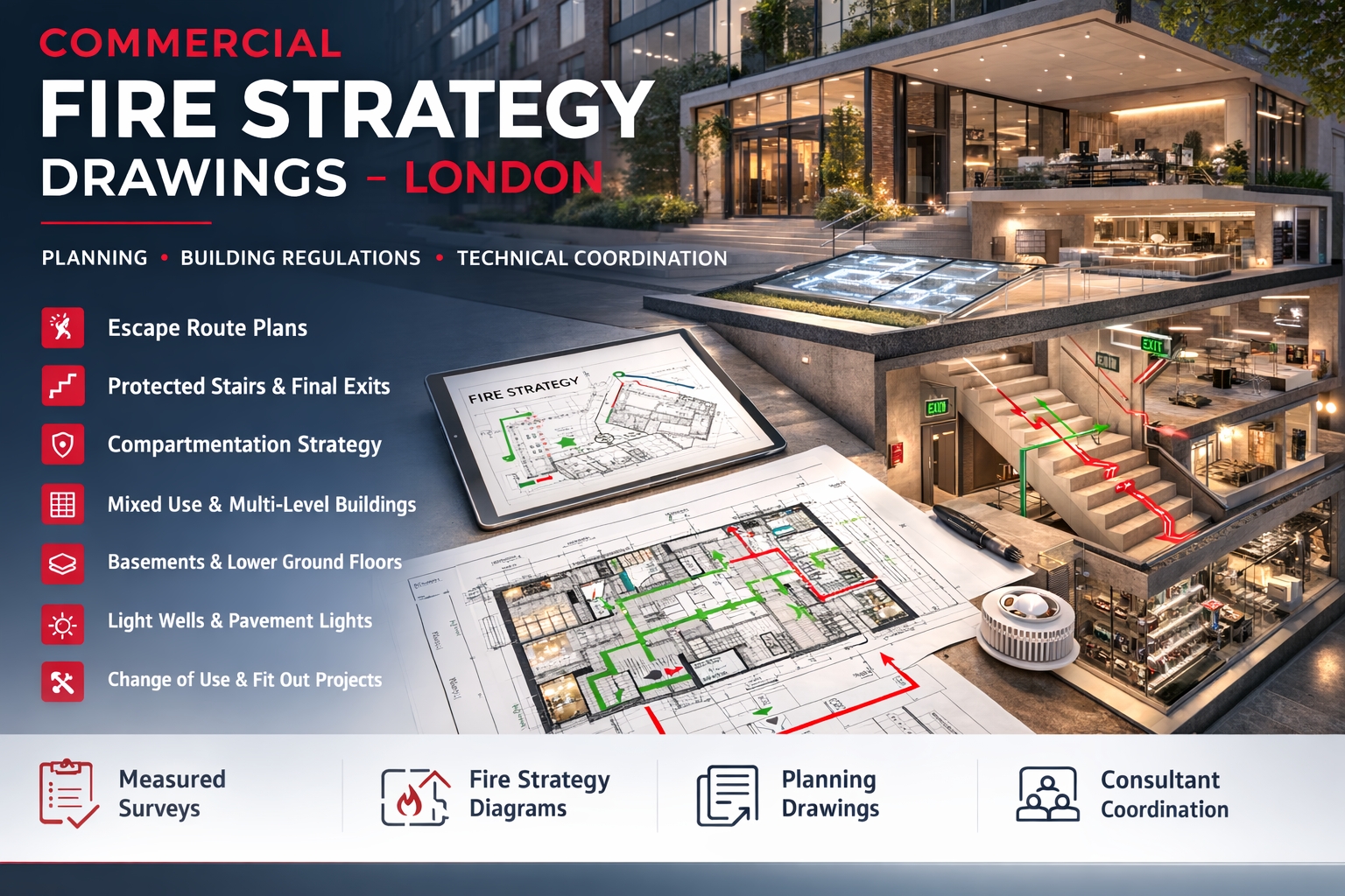 Commercial fire strategy drawings with technical plans and coordinated building layouts