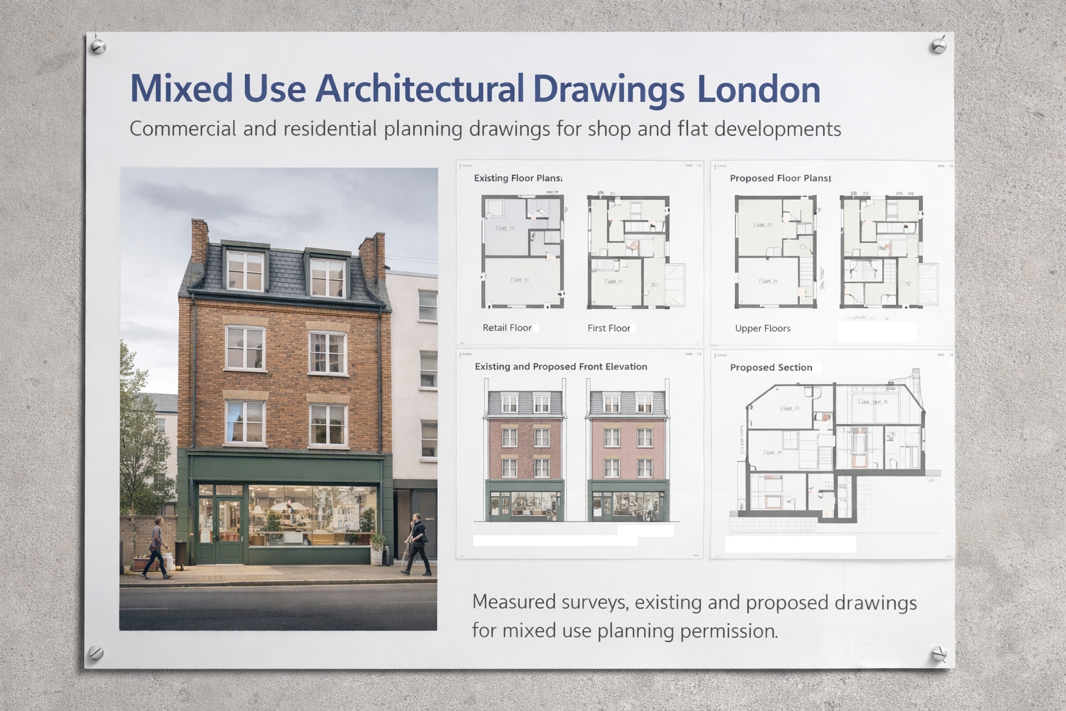 Mixed use architectural drawings with technical plans and realistic commercial and residential visuals