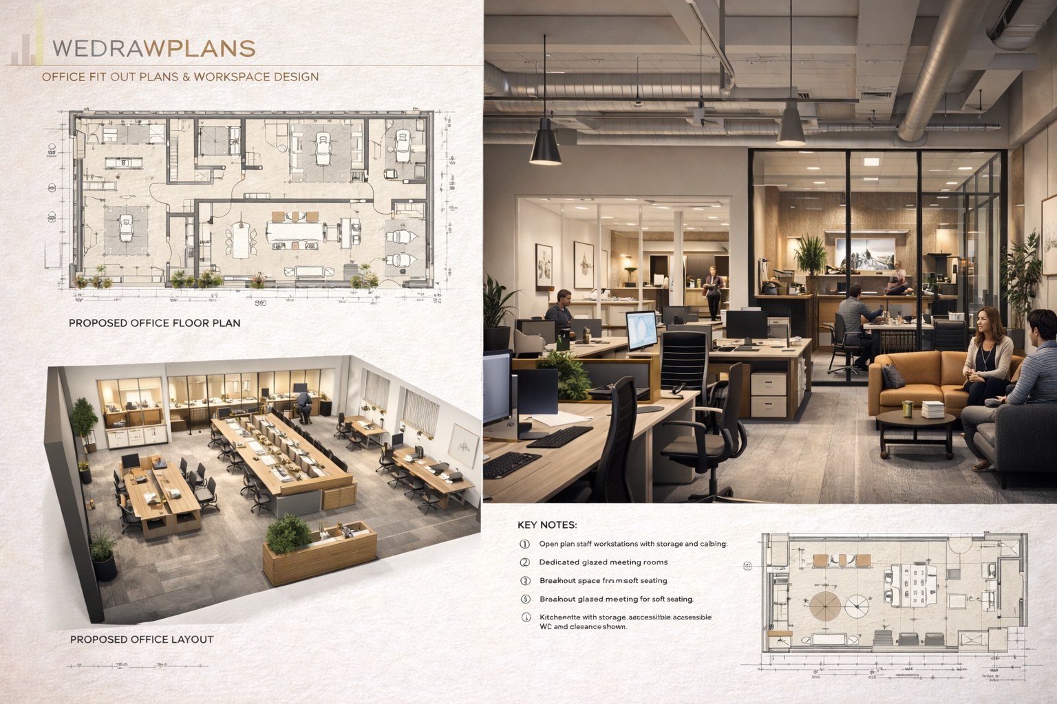 Office fit out architectural drawings with detailed plans and realistic office interior visual