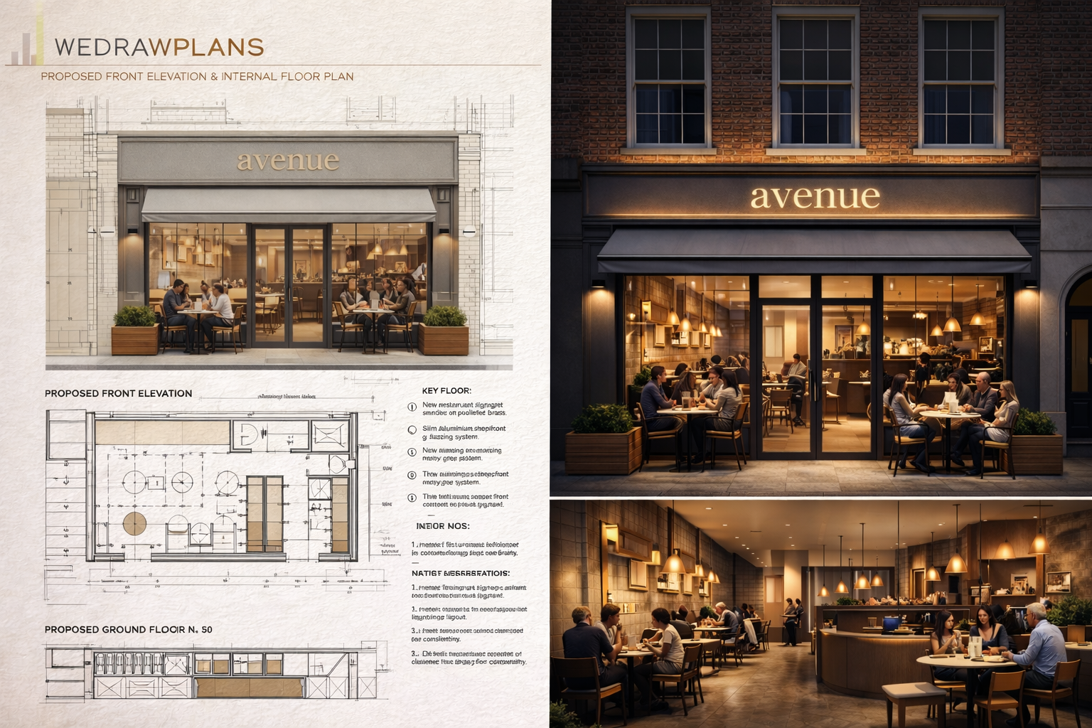 Restaurant planning drawings with shopfront design and realistic 3D visual