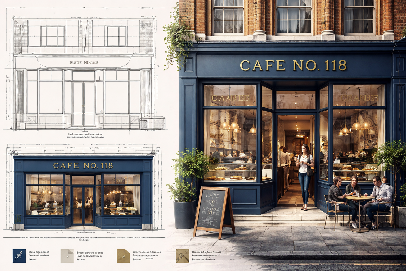 Commercial shopfront architectural drawings with front elevation and 3D visual